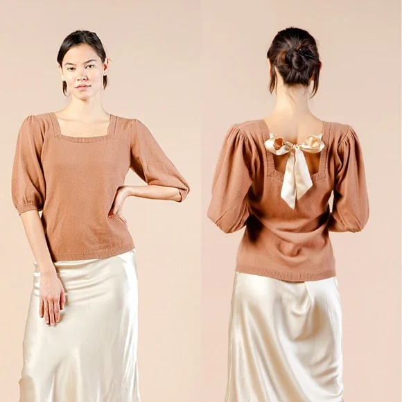 Puff Sleeve Cashmere Sweater w Silk Bow, Square Neck Knit, Silk Bow Tie Back - Picture 3 of 12